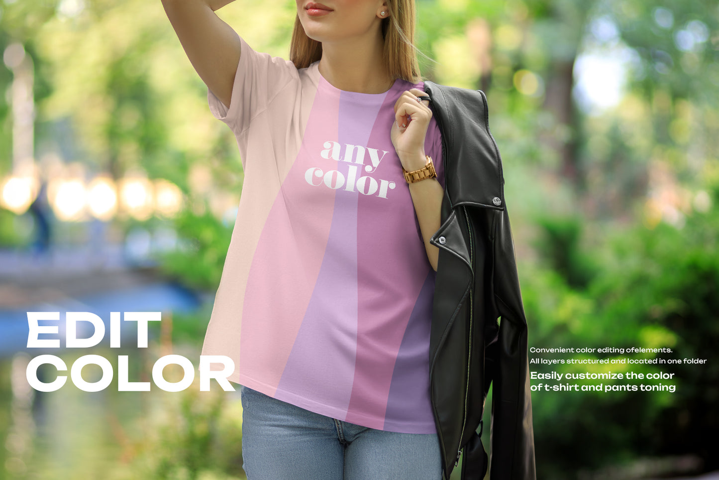 7 Mockups T-Shirt on a Girl Walking in the Outdoor. Vol.06