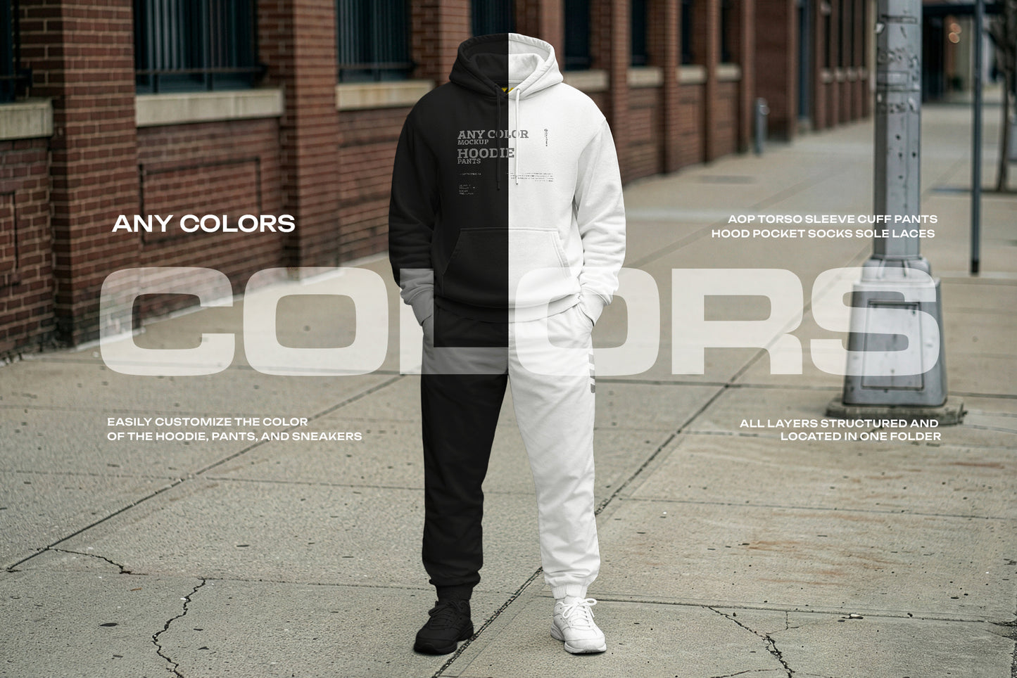 5 Walking Pose Hoodie Pants Apparel Mockup Set. Generated AI