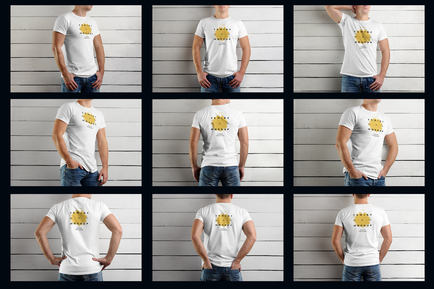 9  T-Shirt Men's Mockups on Wooden Background