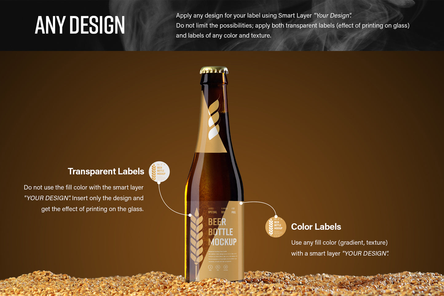 7 MockUps of Glass Beer Bottle With Flying Wheat