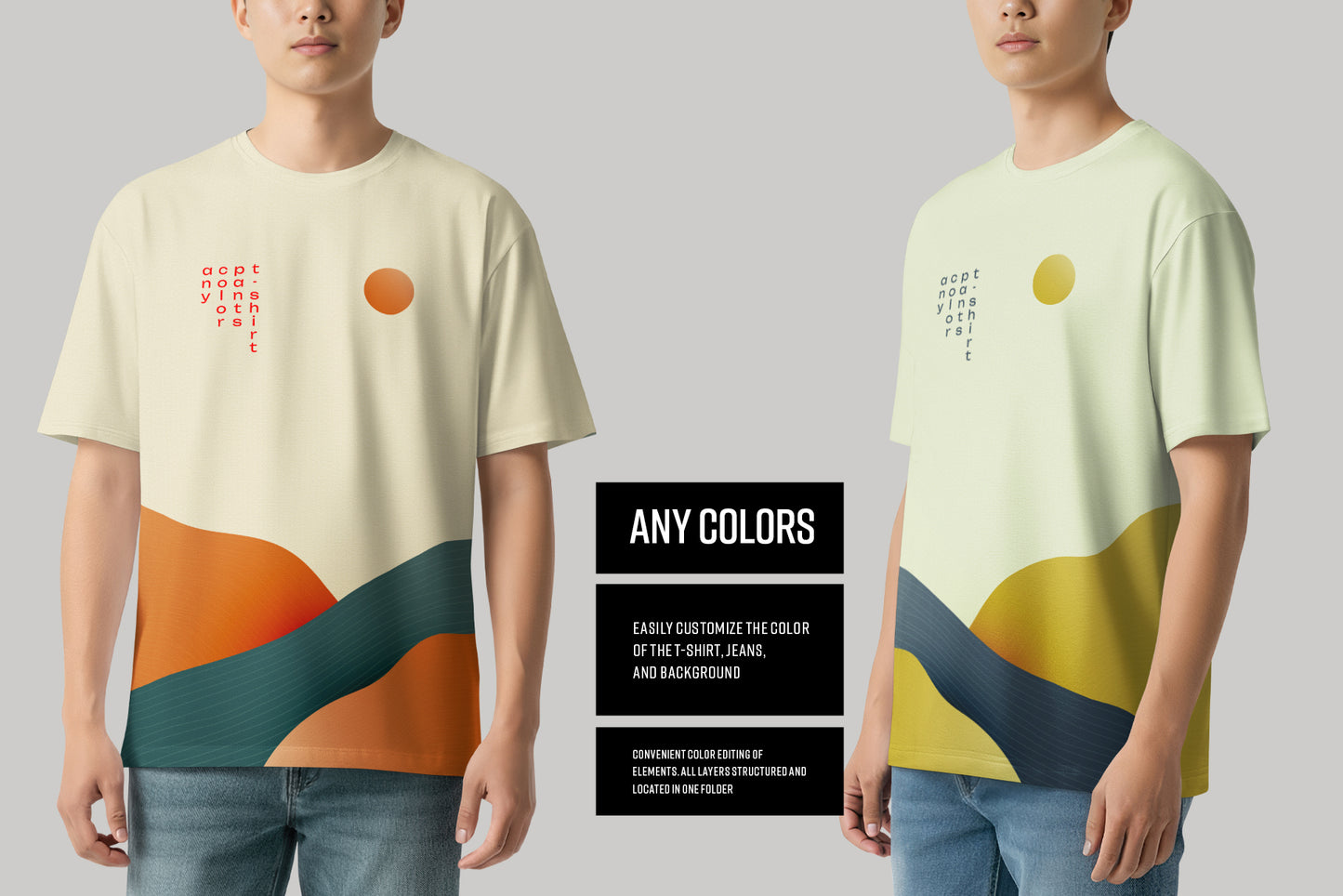 5 Oversized T-Shirt mockups on Asian Man. Vol.01. Generated AI