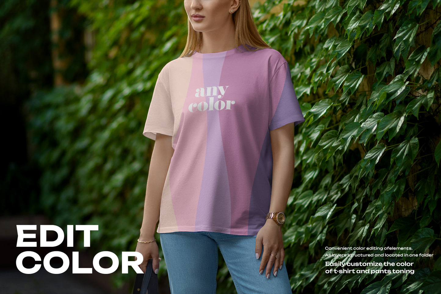 7 Mockups T-Shirt on a Girl Walking in the Green Street