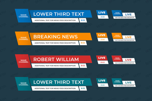 Set of lower thirds templates for TV channels, online broadcasts