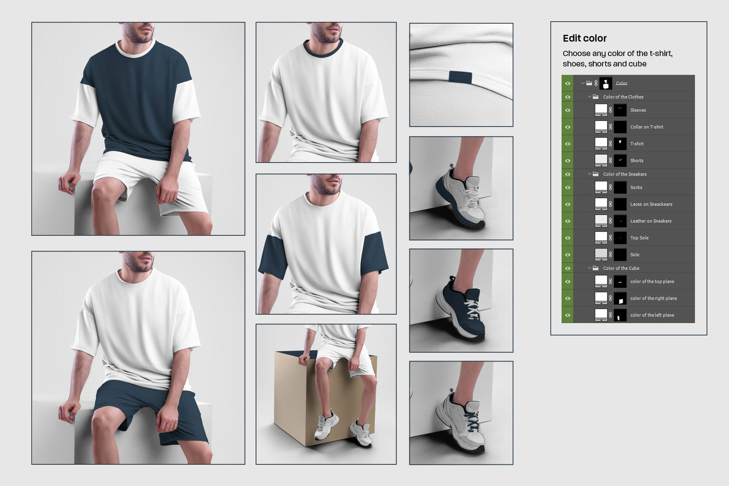 10 Mockups Oversize T-shirt and Shorts Kit on the Cube