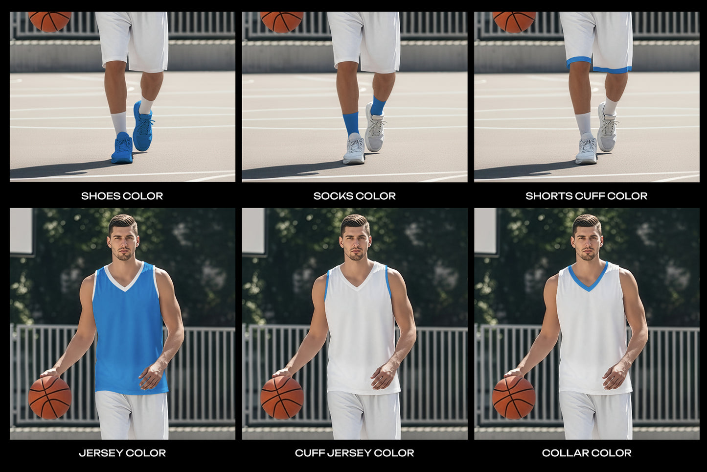 5 Basketball Uniform Mockups on a European Male on an Outdoor Court. Generated AI