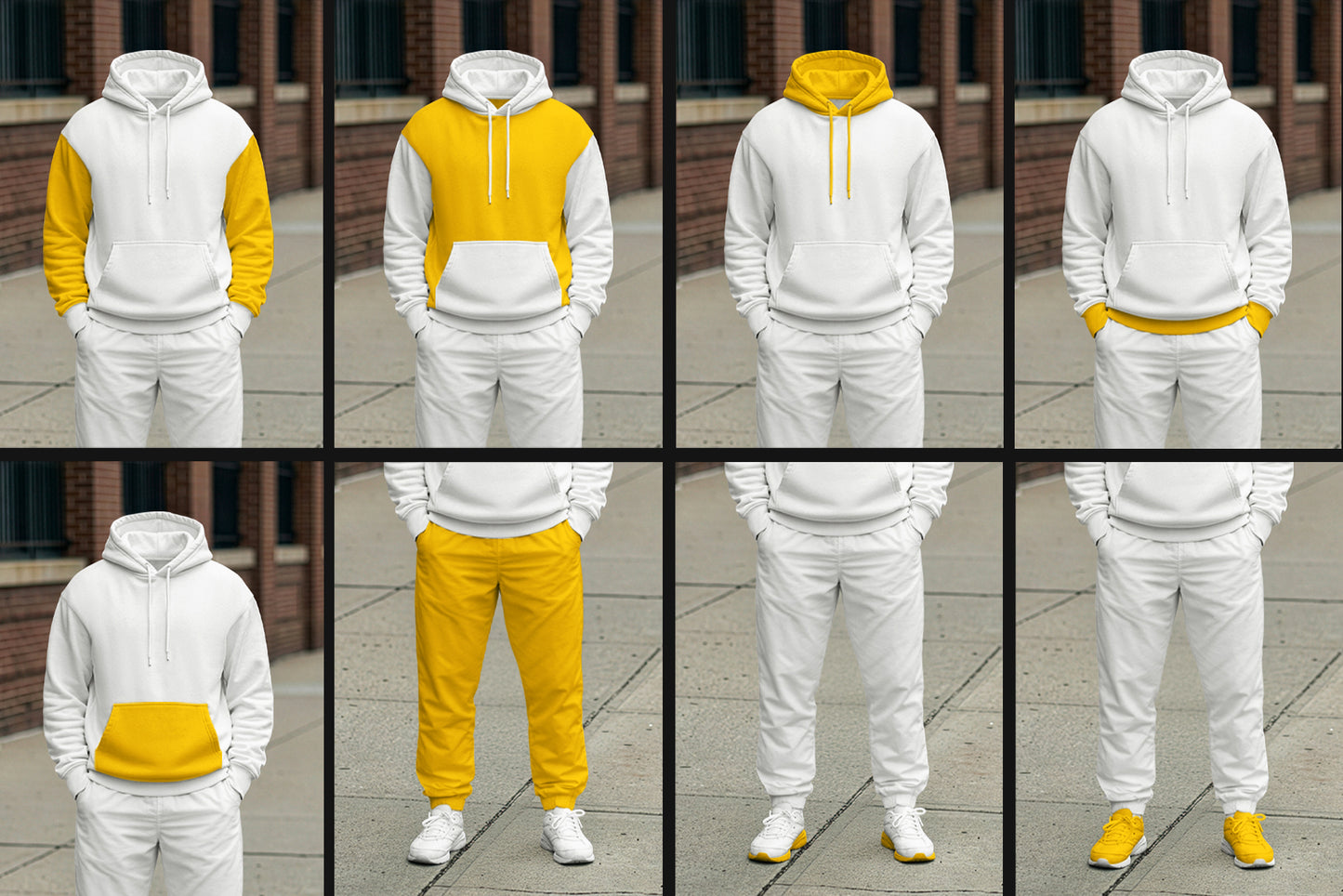 5 Walking Pose Hoodie Pants Apparel Mockup Set. Generated AI