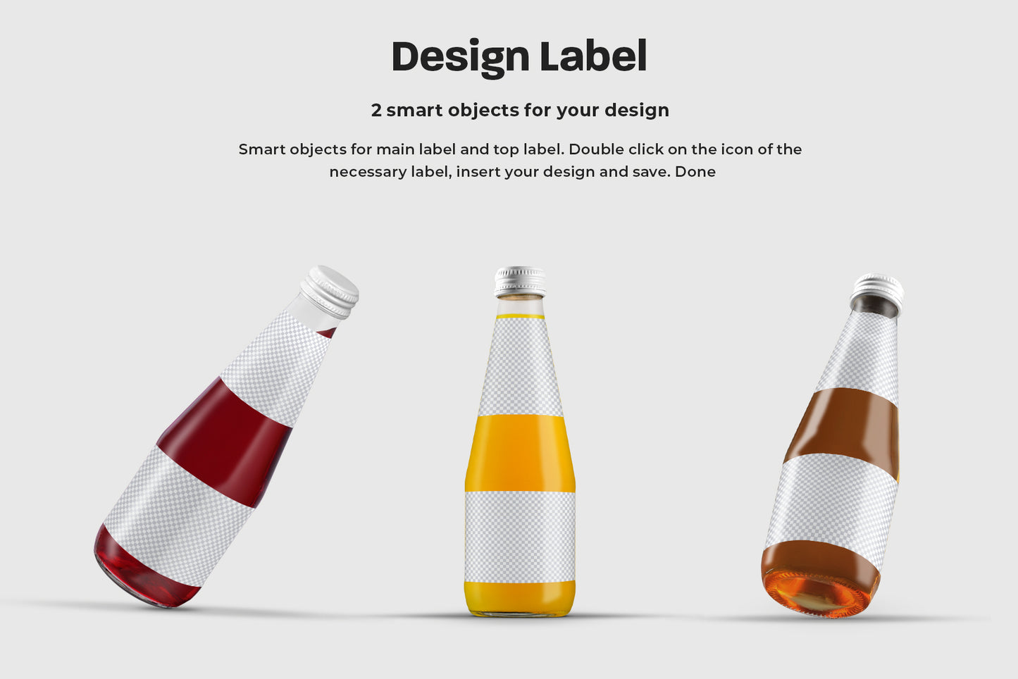 3 Mockup Glass Juice Bottle. 7 juice samples for each bottle