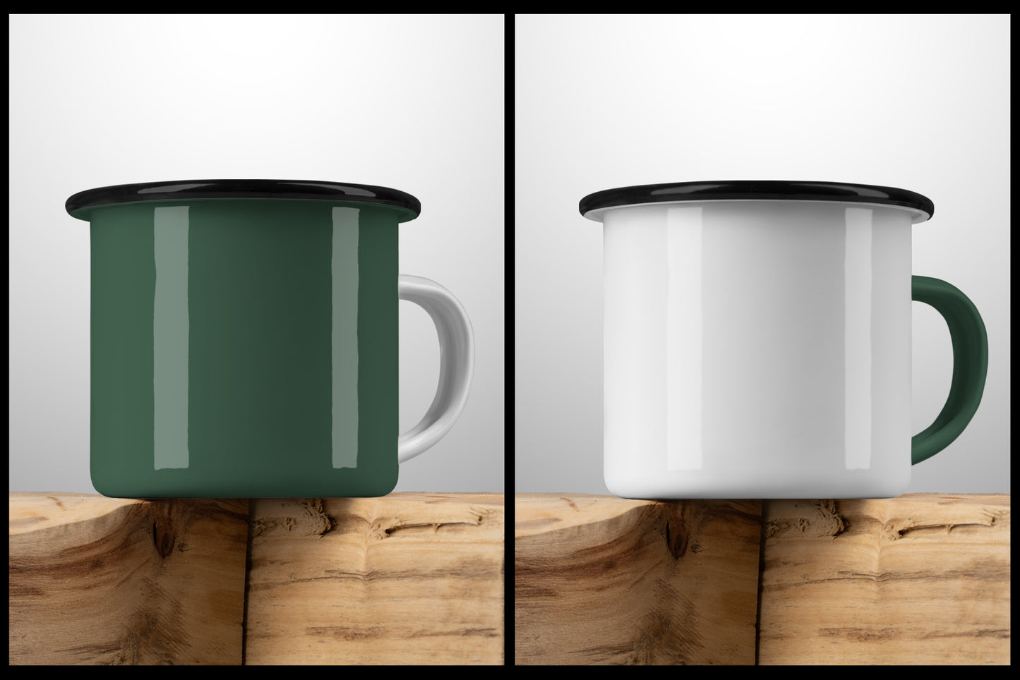 10 Mockups of Enamel Metal Mug with Black Border on Old Wood