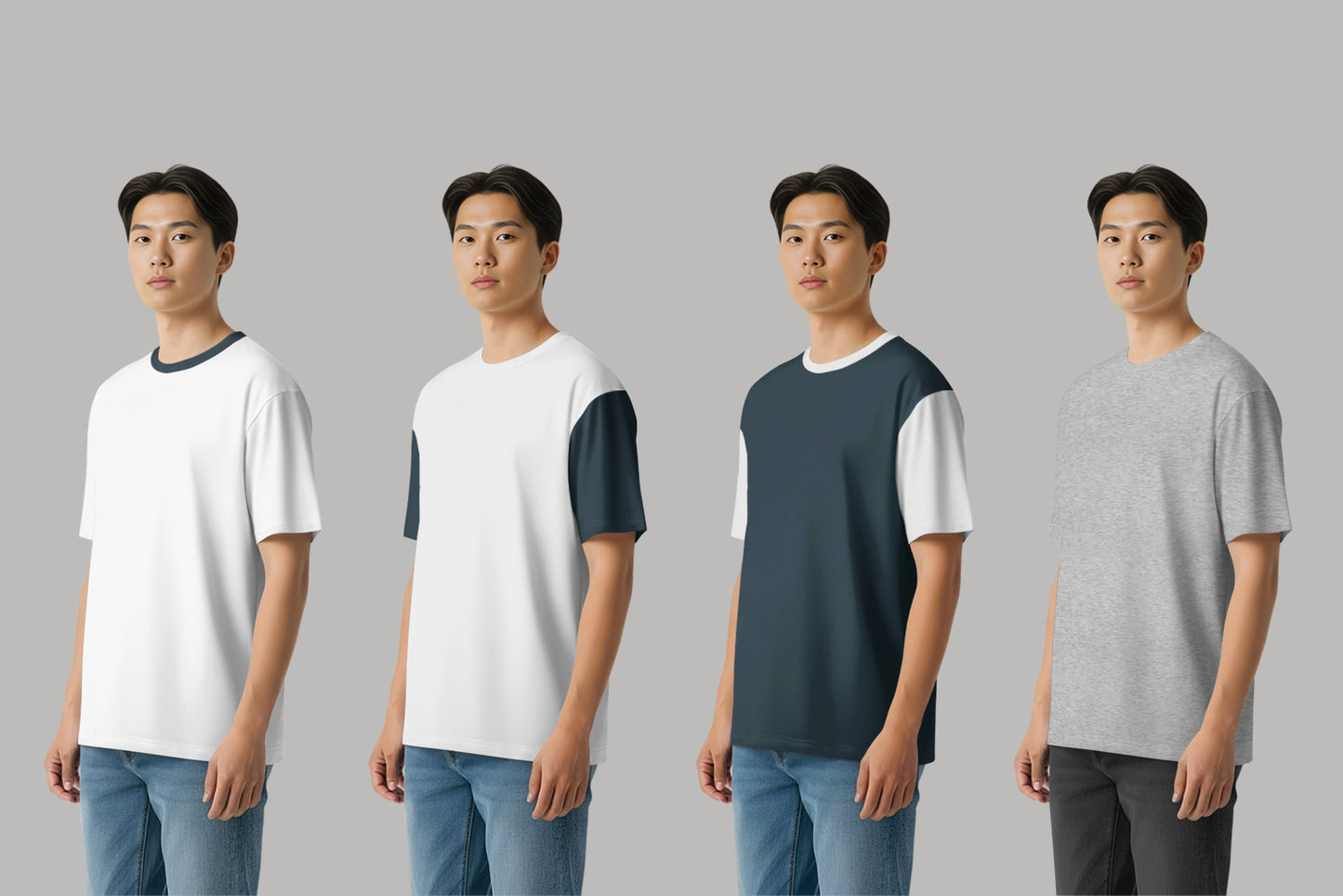 5 Oversized T-Shirt mockups on Asian Man. Vol.01. Generated AI