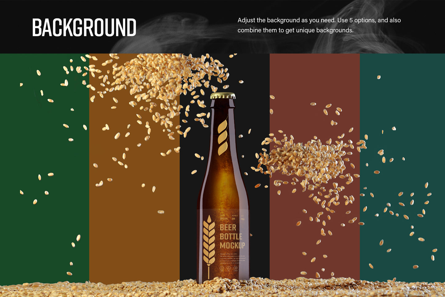 7 MockUps of Glass Beer Bottle With Flying Wheat