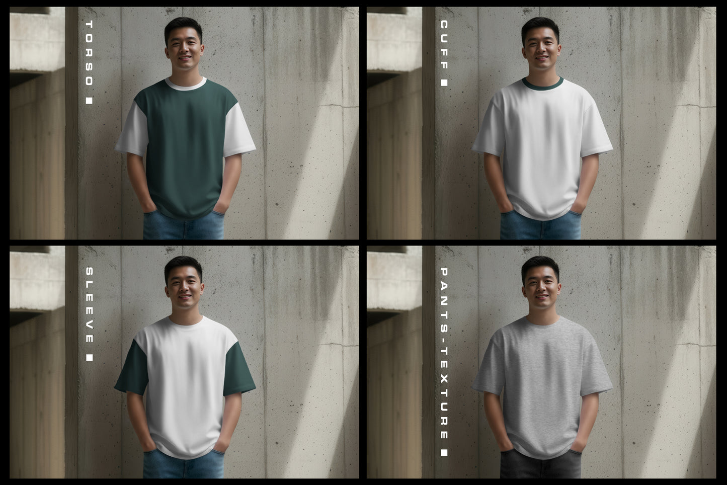 5 Oversized T-Shirt Mockups on Asian Man. Urban Series #1. Generated AI