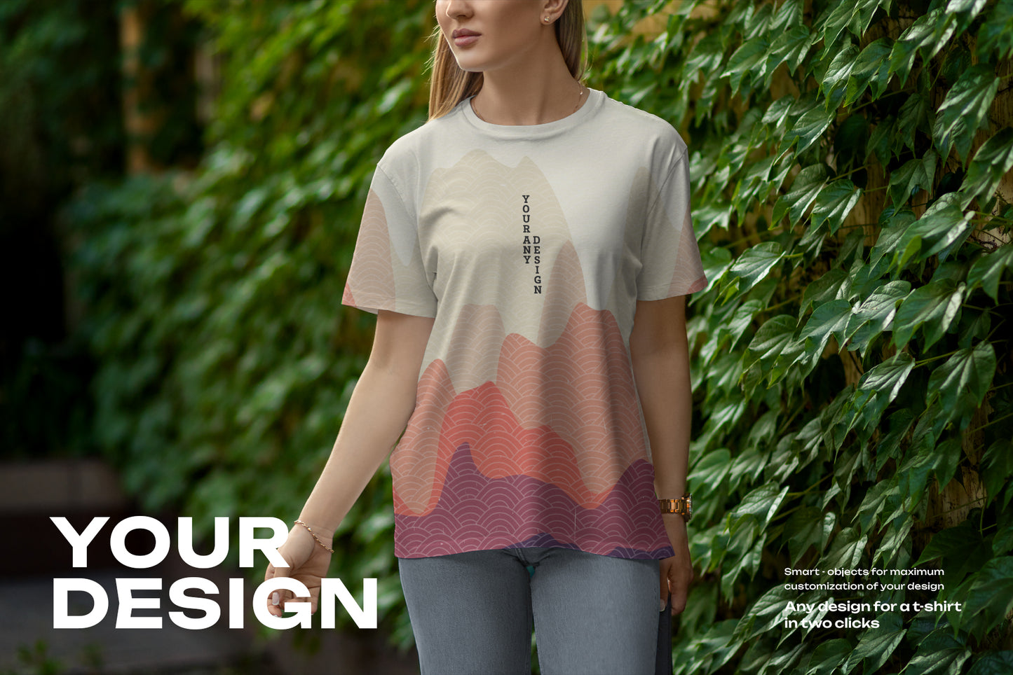 7 Mockups T-Shirt on a Girl Walking in the Green Street
