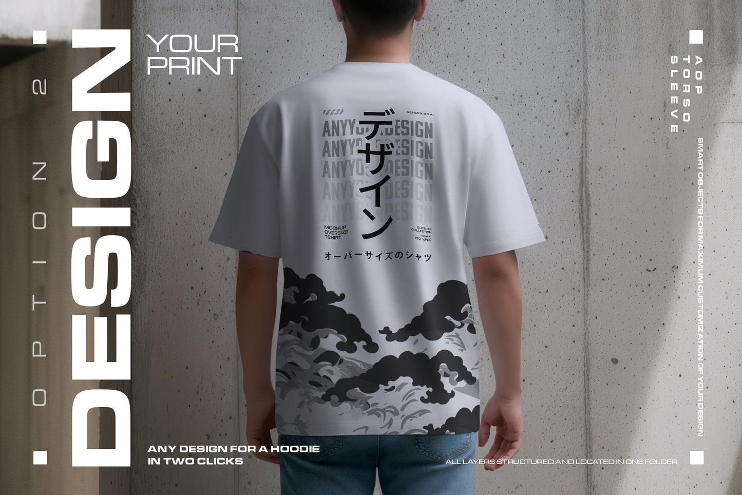 5 Oversized T-Shirt Mockups on Asian Man. Urban Series #1. Generated AI