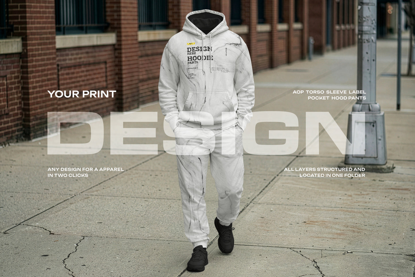 5 Walking Pose Hoodie Pants Apparel Mockup Set. Generated AI