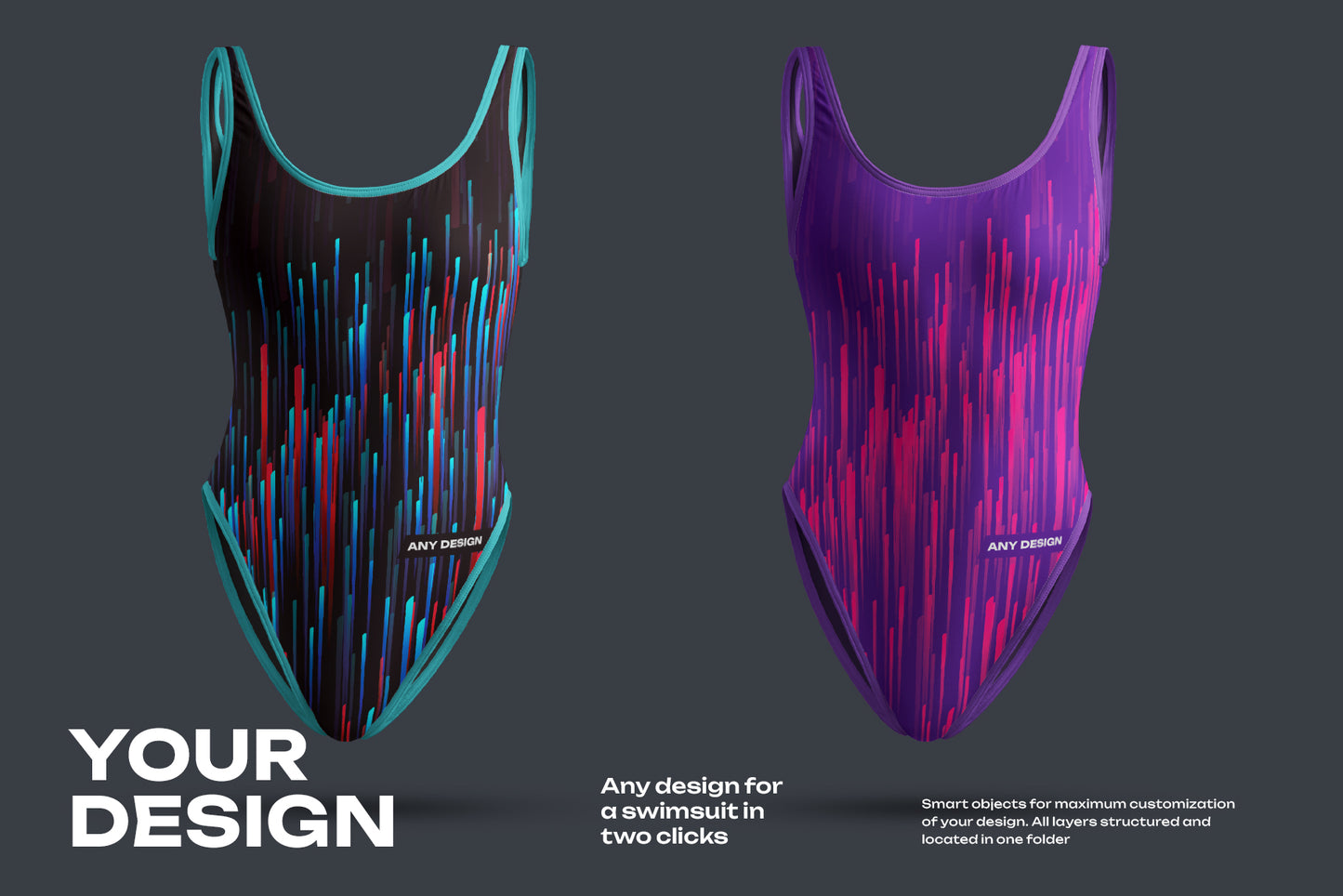 4 Mockups of a One Piece Sports Women's Swimsuit. 3D Style