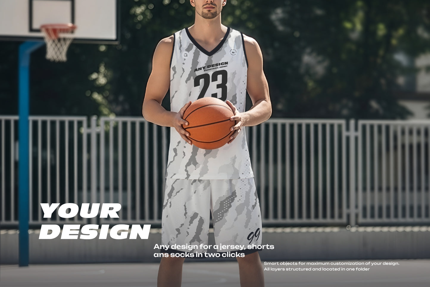 5 Basketball Uniform Mockups on a European Male on an Outdoor Court. Generated AI