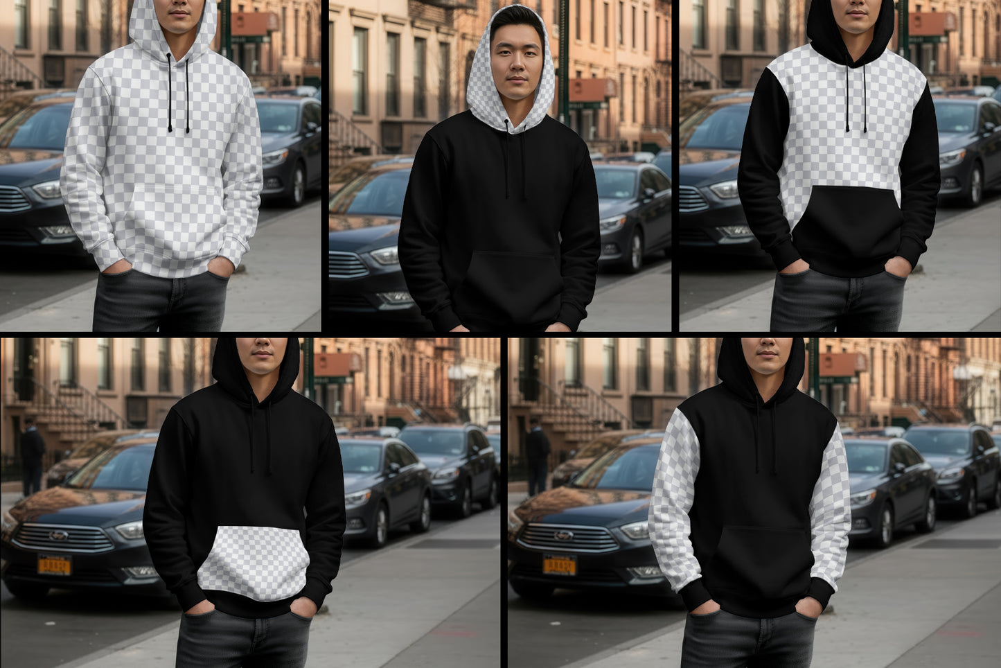 6 Urban Streetwear Hoodie Mockup on Asian Man. Generated AI