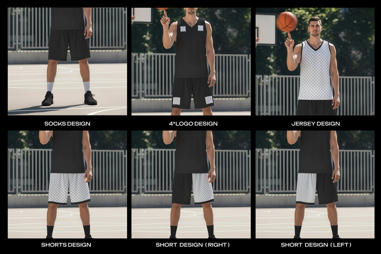 5 Basketball Uniform Mockups on a European Male on an Outdoor Court. Generated AI