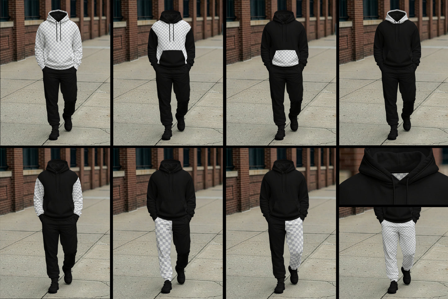 5 Walking Pose Hoodie Pants Apparel Mockup Set. Generated AI
