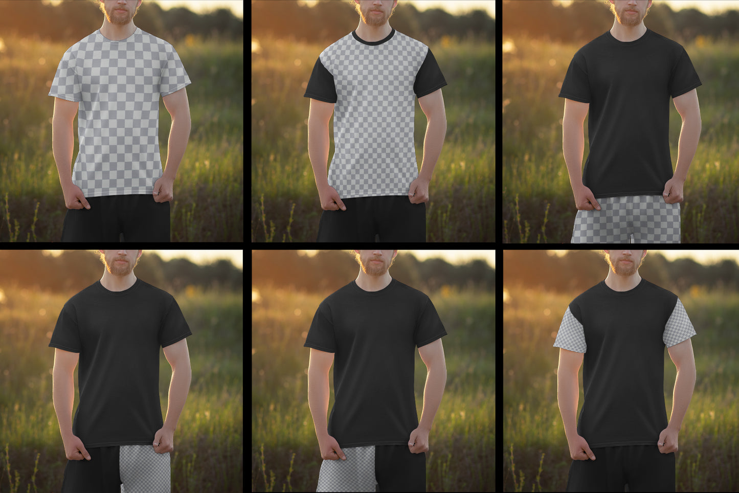 7 Mockups of Men's T-Shirt and Shorts Outdoors at Dawn