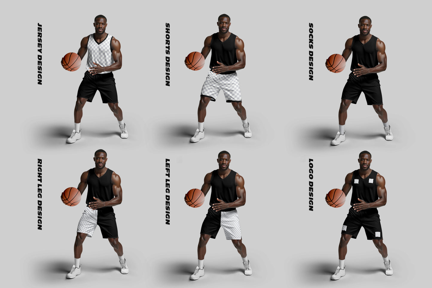 6 Basketball Jersey Mockups on a Dark-Skinned Model. Generated AI