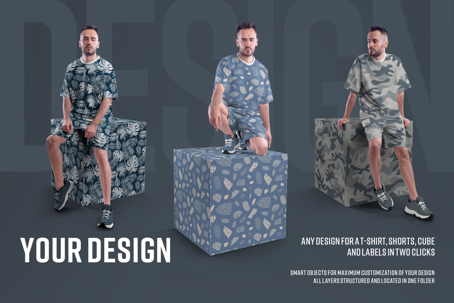10 Mockups Oversize T-shirt and Shorts Kit on the Cube