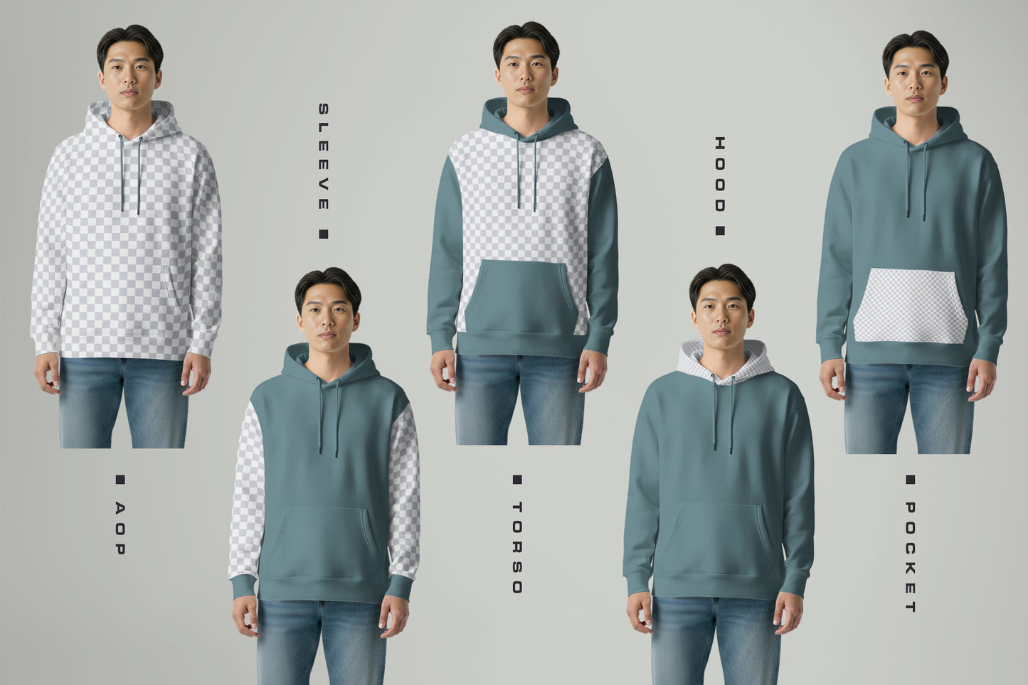 3 Oversized Hoodie Mockups on Asian Man. Vol.01. Generated AI