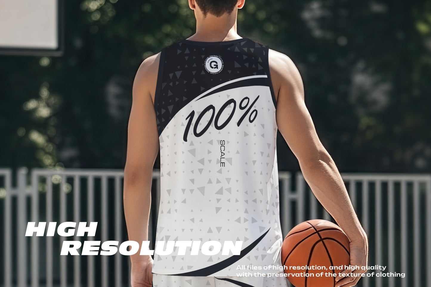 5 Basketball Uniform Mockups on a European Male on an Outdoor Court. Generated AI
