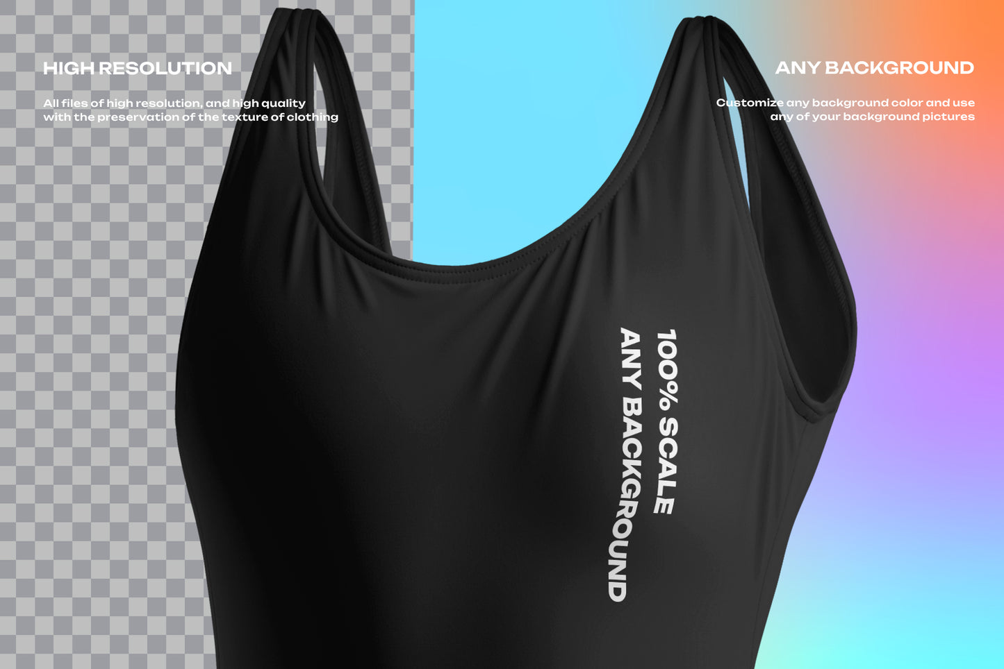 4 Mockups of a One Piece Sports Women's Swimsuit. 3D Style