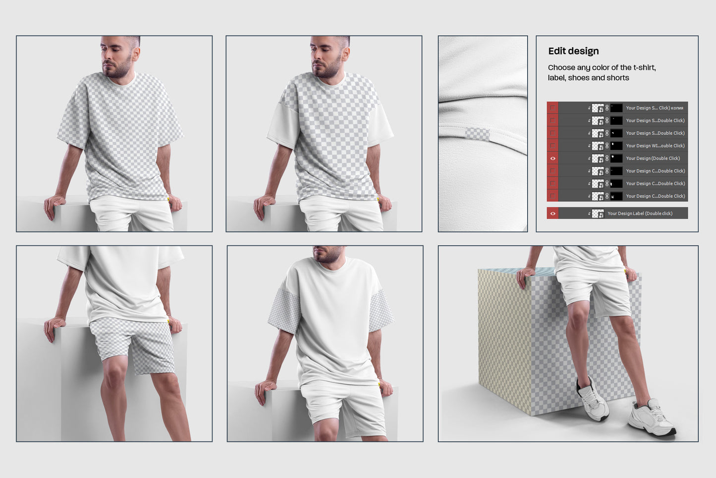 10 Mockups Oversize T-shirt and Shorts Kit on the Cube