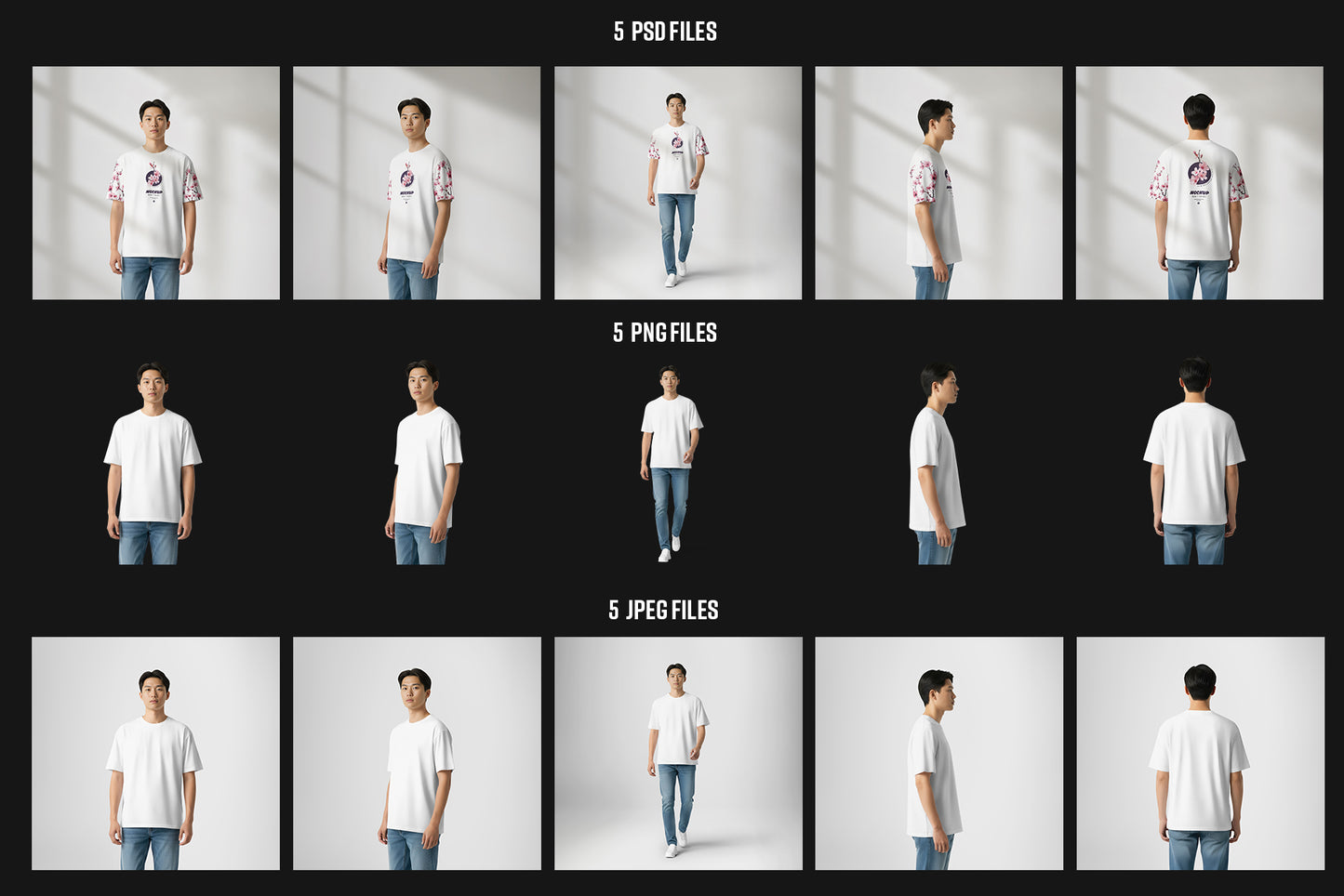 5 Oversized T-Shirt mockups on Asian Man. Vol.01. Generated AI