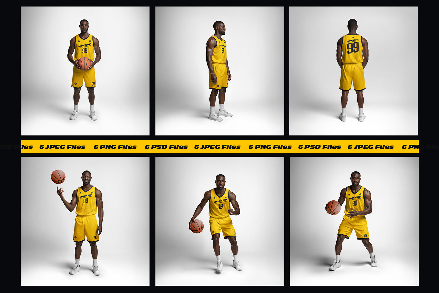 6 Basketball Jersey Mockups on a Dark-Skinned Model. Generated AI