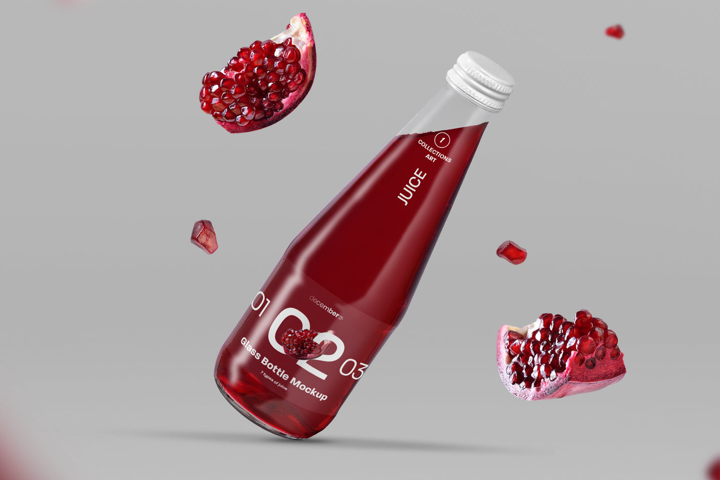 3 Mockup Glass Juice Bottle. 7 juice samples for each bottle