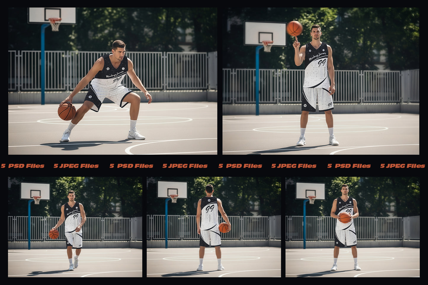 5 Basketball Uniform Mockups on a European Male on an Outdoor Court. Generated AI