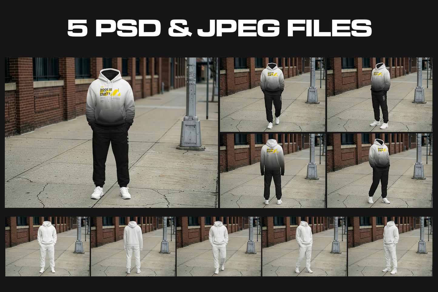 5 Walking Pose Hoodie Pants Apparel Mockup Set. Generated AI