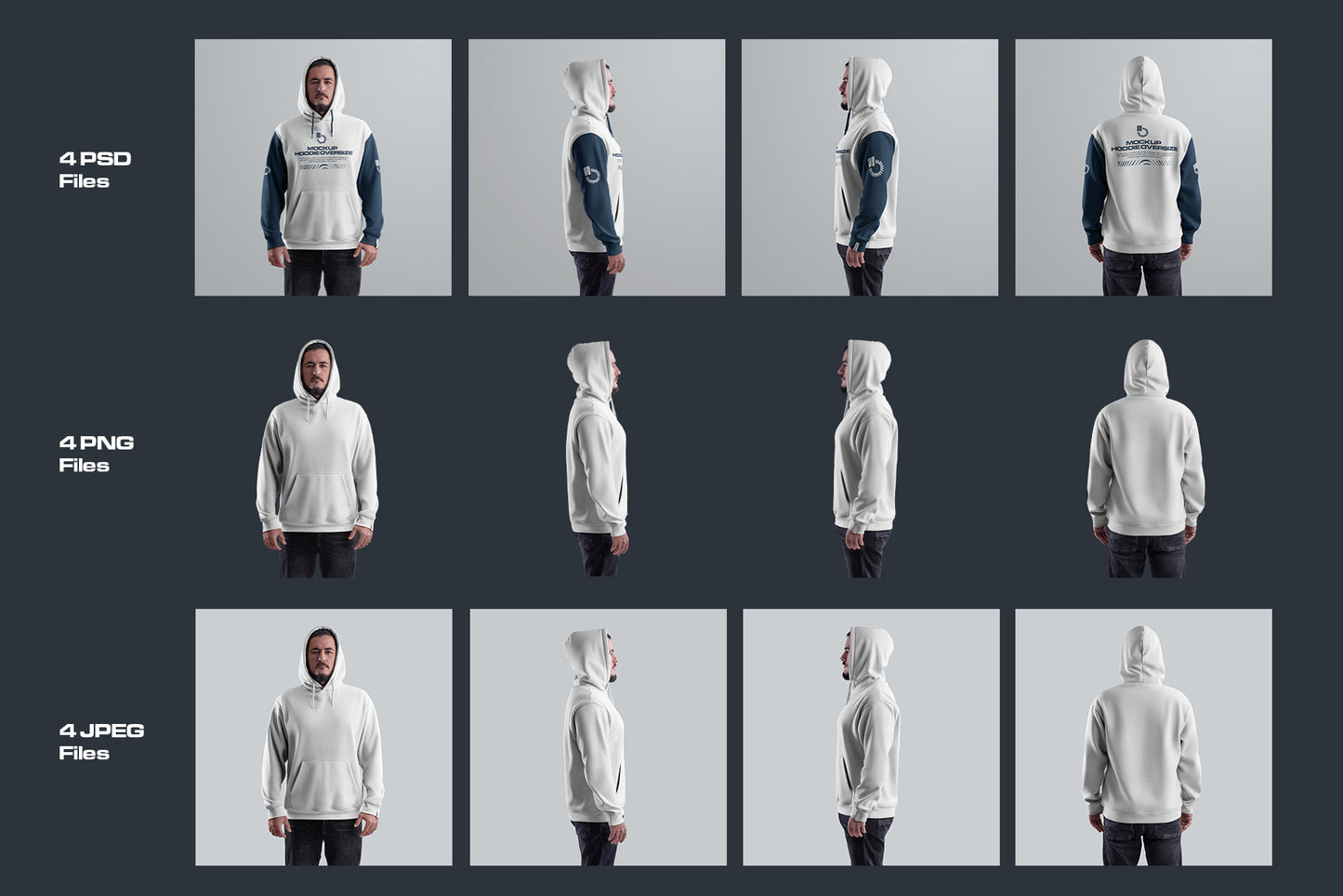 4 Mockups Oversize Hoodie vol.2. Front, Back and Side View