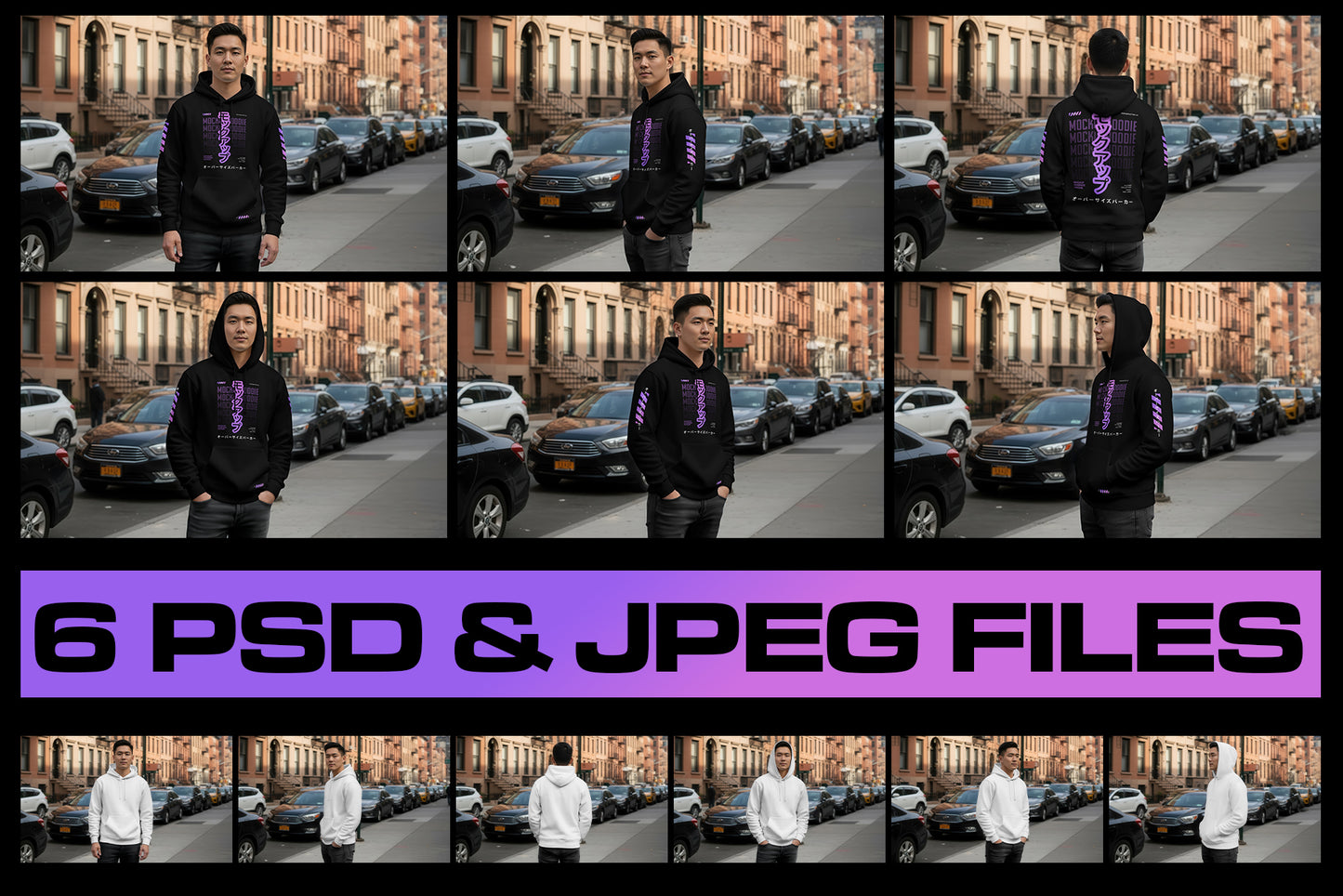 6 Urban Streetwear Hoodie Mockup on Asian Man. Generated AI