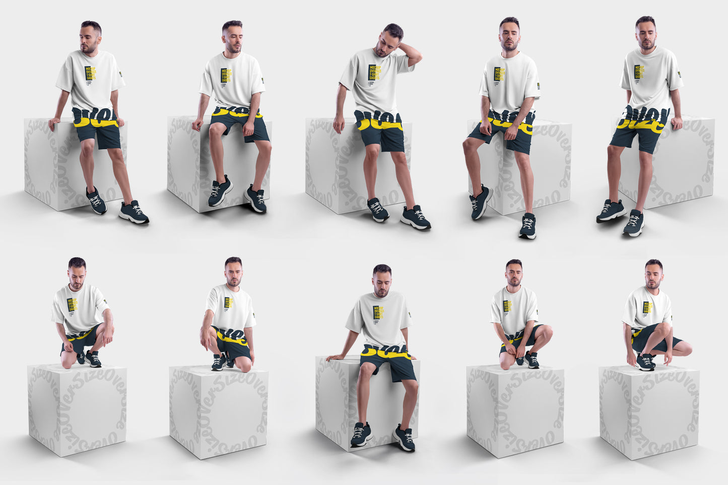 10 Mockups Oversize T-shirt and Shorts Kit on the Cube