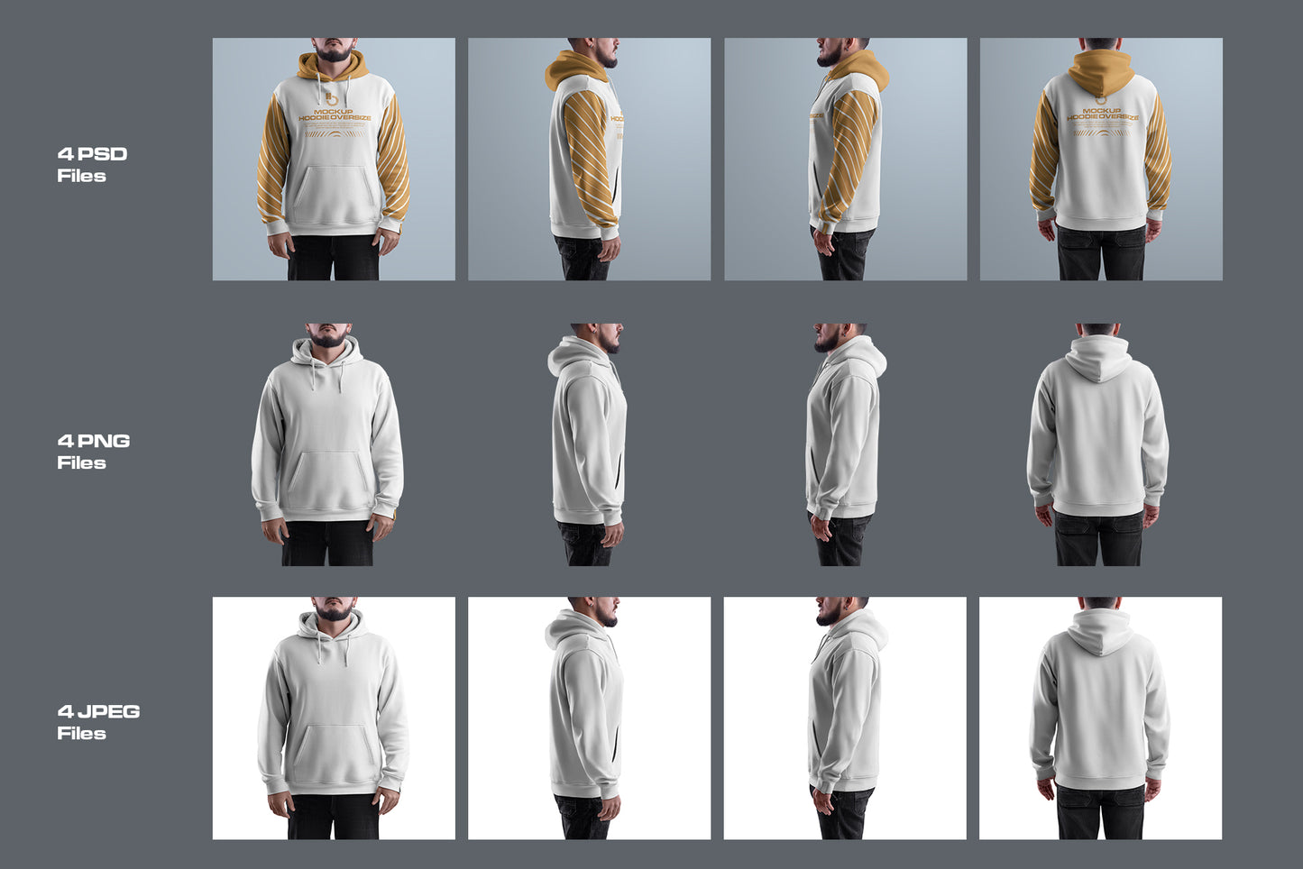 4 Mockups Oversize Hoodie. Front, Back and Side View