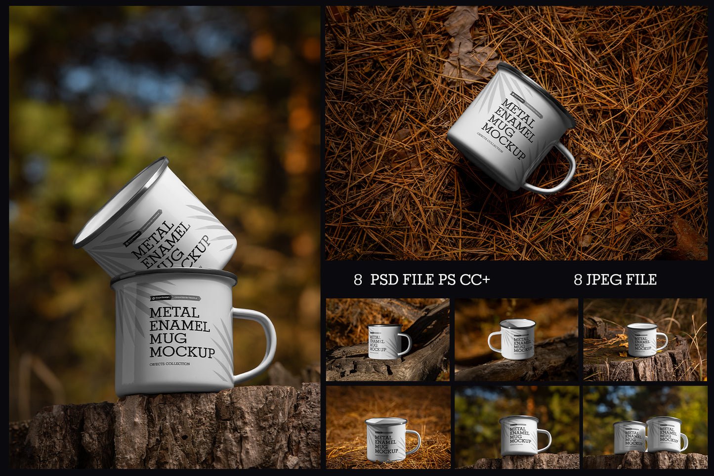 8 Enamel Metal Mug Mockups – Outdoor Camping Edition, 5K High-Res PSD