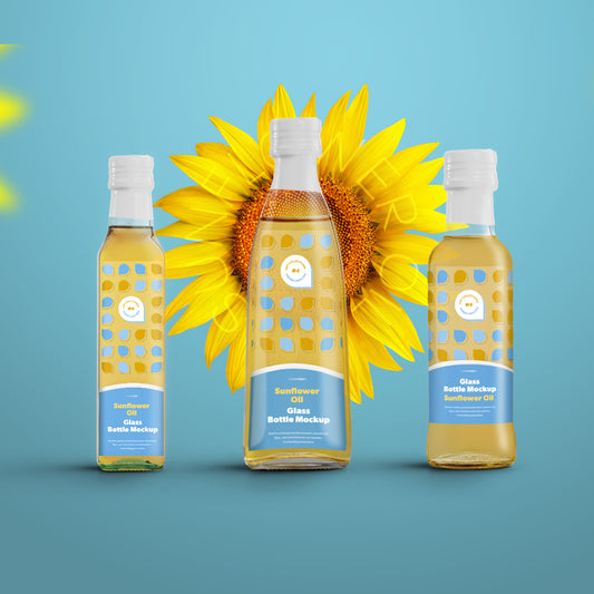 3 Mockups Glass Bottles Sunflower Oil