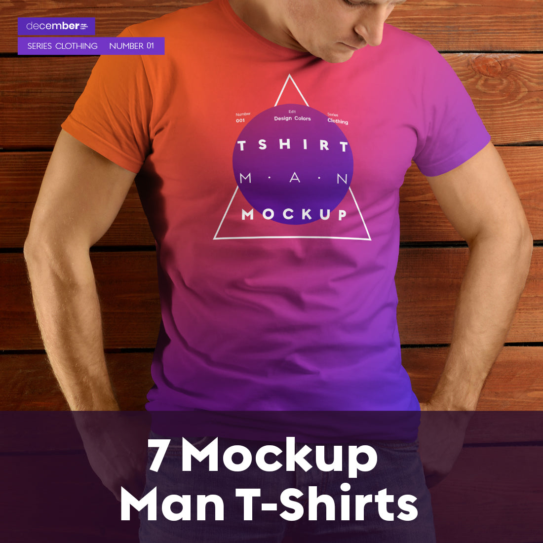 7 Mockup T-Shirt on the body of an athletic man on wooden background