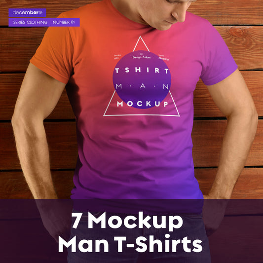 7 Mockup T-Shirt on the body of an athletic man on wooden background