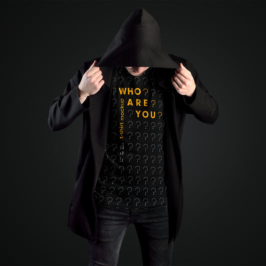 11 Mockups Man T-Shirts in a Black Hood Mantle