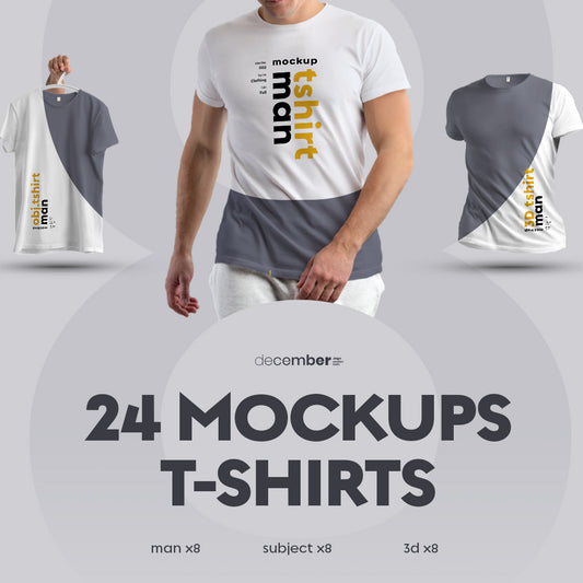24 mockups t-shirts on the man, 3D and isolated objects