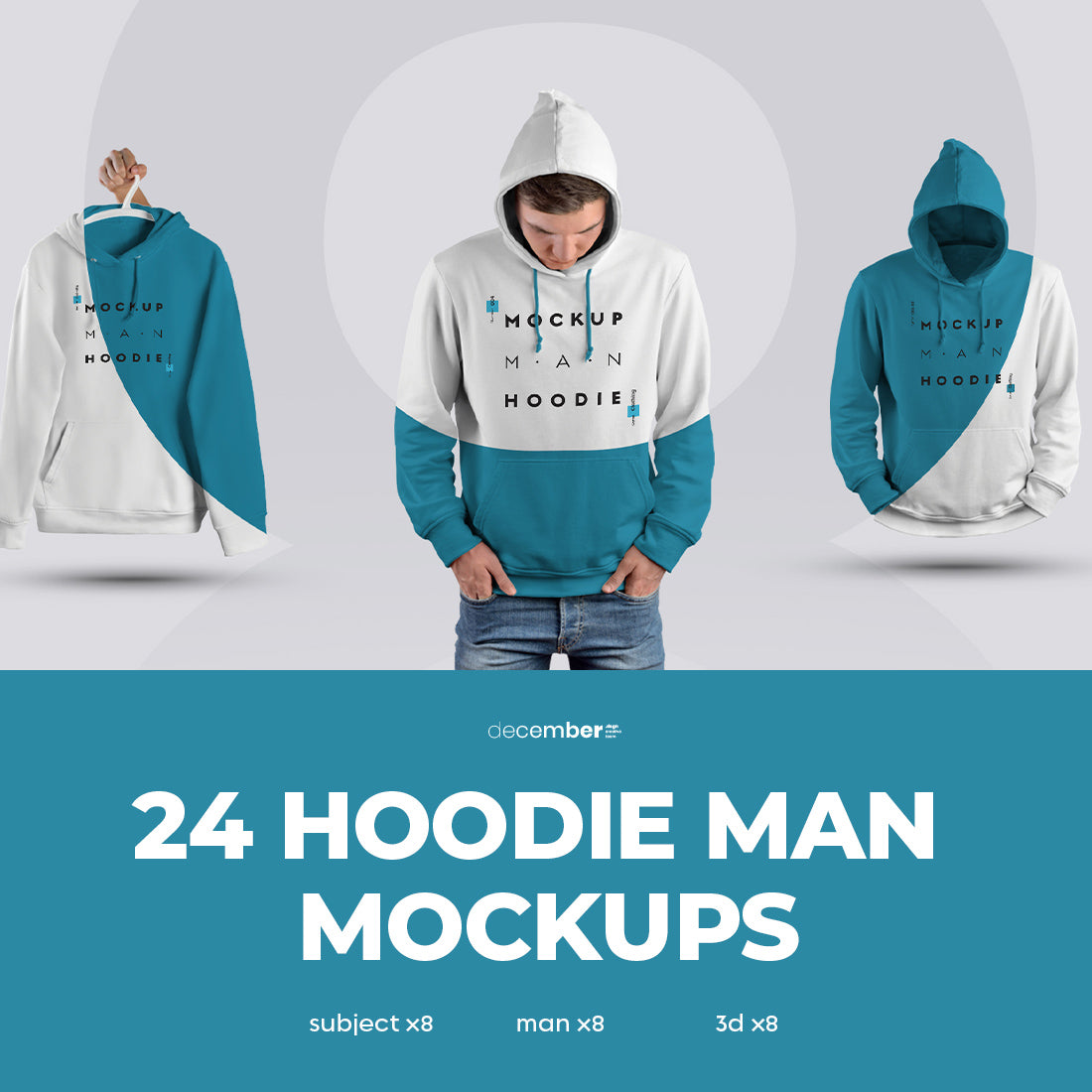 24 mockups hoodie on the man, 3D and isolated objects