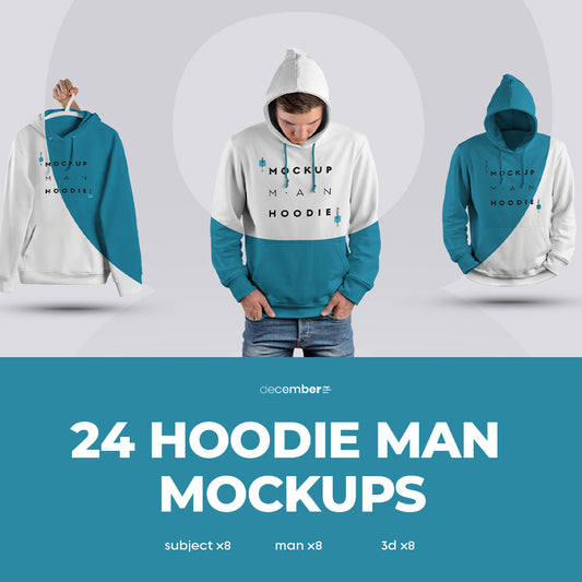 24 mockups hoodie on the man, 3D and isolated objects