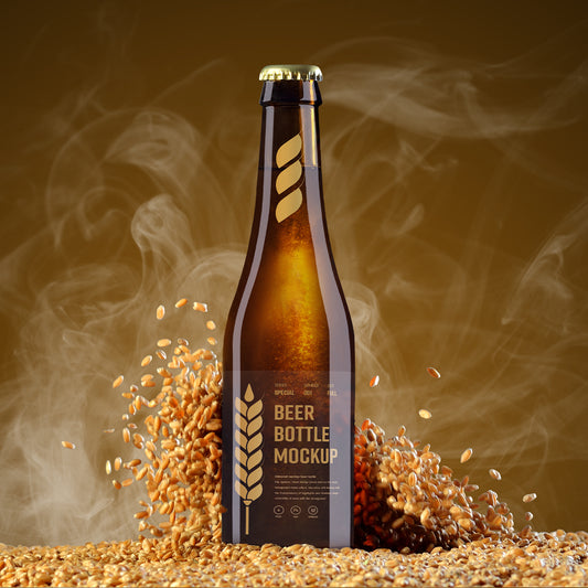7 MockUps of Glass Beer Bottle With Flying Wheat