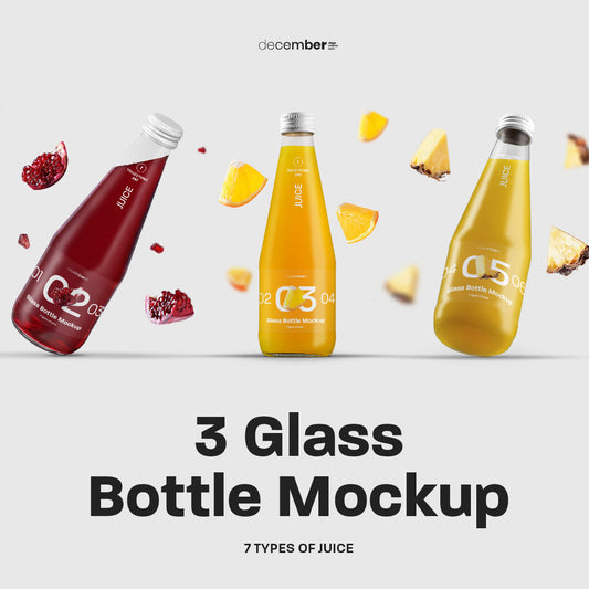3 Mockup Glass Juice Bottle. 7 juice samples for each bottle
