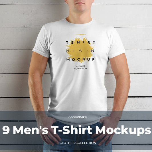 9  T-Shirt Men's Mockups on Wooden Background
